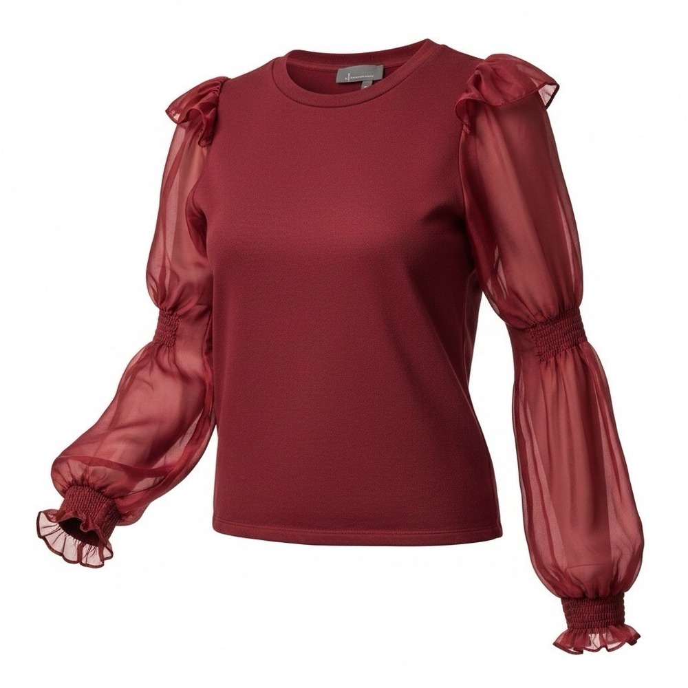 Anthropologie Hutch Cassidy Red Blouse Size XS Maroon Sheer Puff Sleeves